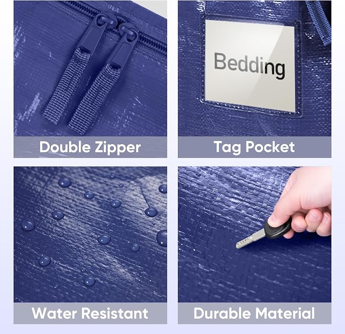 TICONN 2 Pack Extra Large Moving Bags Heavy Duty with Zippers & Carrying Handles, Durable Storage Bags Moving Boxes for Closet Organizers and Storage (2 Pack, Navy)