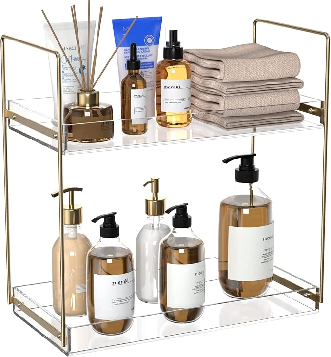 NPPLUS 2 Tier Bathroom Counter Organizer Gold Acrylic Tray Vanity | Kitchen Under Sink Standing Rack, Home Storage Holder for Lotion Makeup Cosmetics Perfume Spice