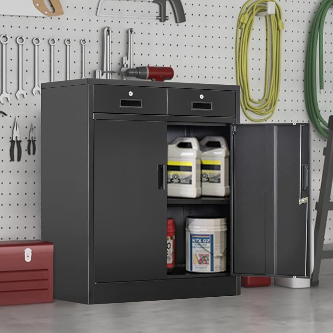 Wanfu Metal Storage Cabinet, 36" H Locking Storage Cabinet with 2 Drawers and Adjustable Shelf, Metal Cabinets for Office, Garage, Home-Black