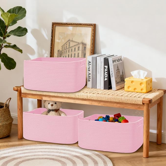 4 Pack Large Storage Basket for Organizing, 17.5"x13"x7" Woven Basket for Shelves, Closet Cube Storage Bins with Wrapped Handle, Cotton Rope Baskets for Kitchen, Clothes, Toys(Light Pink)