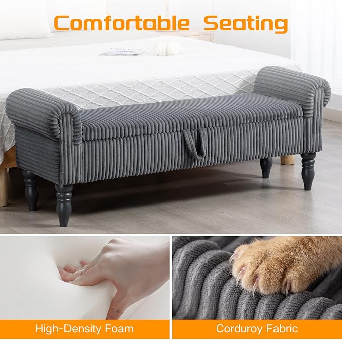 60" Storage Bench for Bedroom,End of Bed Bench with Storage | Corduroy King Size Bench with Rolled Arms,Storage Ottoman Benches for Living Room,Entryway,Benches for Foot of Bed,Dark Grey