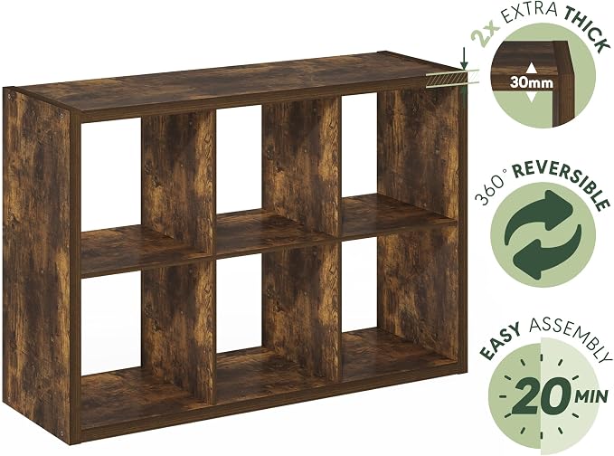 Furinno Cubicle 6-Cube Book Shelf, Extra Thick Frame Bookshelf, Amber Pine | 14.6" x 44" x 30", Horizontally & Vertically Reversible Bookcase with Open Back, for Living Room, Bedroom, Home Office