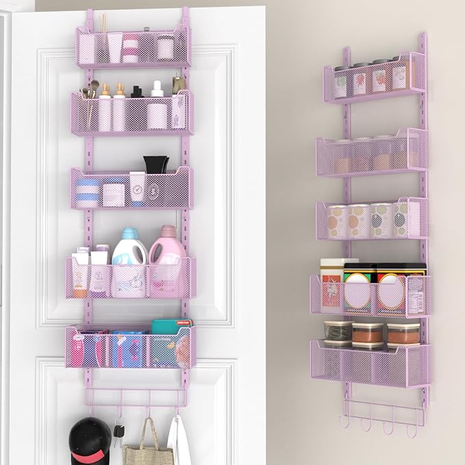 VyGrow Over The Door Organizer, Metal Door Organizer Hanging with 5 Adjustable Baskets and Coat Hook, Behind The Door Storage for Bedroom Closet Bathroom Pantry Cabinet Kitchen, Purple