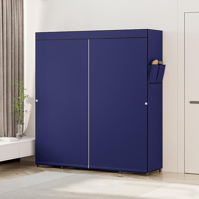 SORCEDAS Portable Closet Wardrobe Organizer Storage with Cover Non-Woben Fabric Portable Wardrobe Closet for Hanging Clothes Racks Shelving 33 Inch for Bedroom, Blue (Blue, 59Inch)