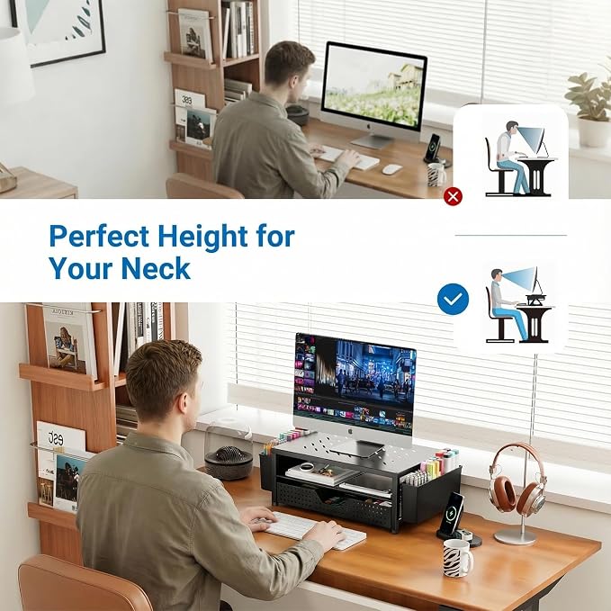 OPNICE Desk Organizer and Accessories, 2-Tier Computer Monitor Stand Riser with Drawer and 2 Pen Holders, Laptop Stand, Office Desk Accessories for Office Supplies, 1 Pack, Black-Ventilated