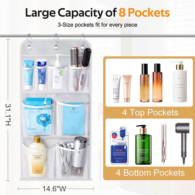 MISSLO Hanging Mesh Pockets Hold 340oz/1000ml Shampoo Shower Organizer with Over the Door Hooks