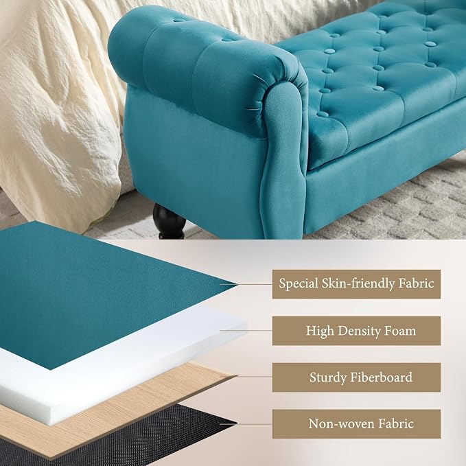 47″ Storage Bench with Arms End of Bed Bench,Velvet Entryway Bench with Storage, Button Tufted Upholstered Ottoman Bench Wood Legs, Window Sitting Bench for Bedroom/Living Room/Hallway, Teal