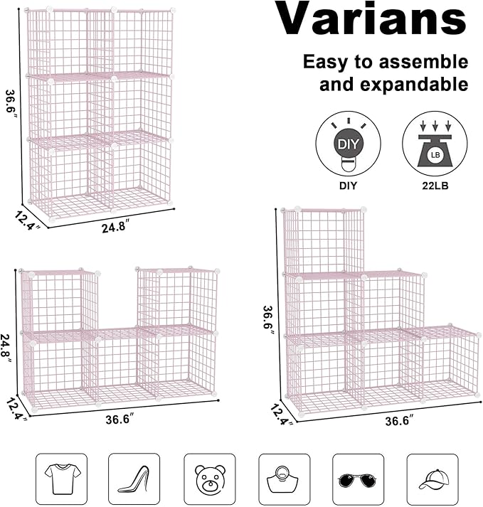 C&AHOME Wire Cube Storage, 6 - Cube Organizer Metal C Grids, Units, Pink | Modular Shelves Units, Closet Organizer, Storage Bins Shelving, Ideal for Home, Office, Living Room