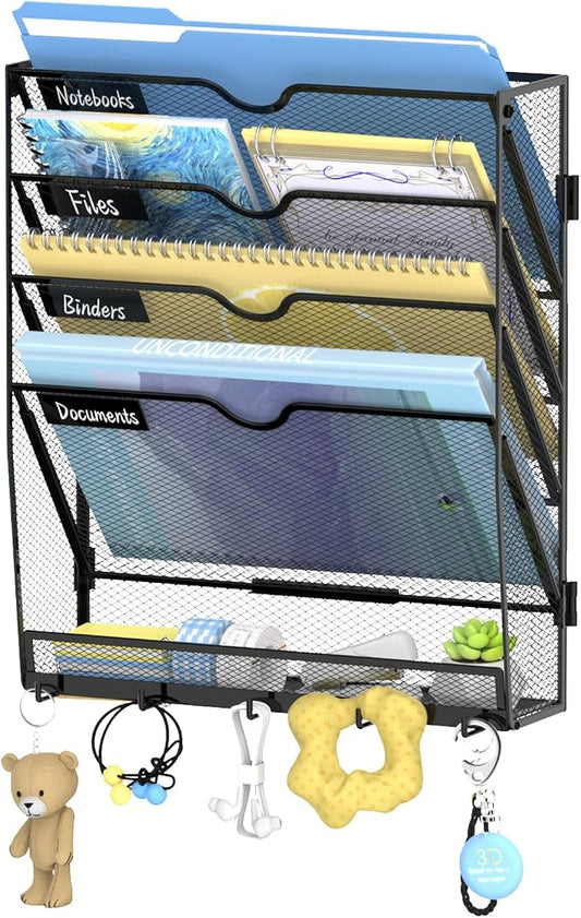5-Tier Wall File Organizer with Hooks, Hanging File Organizer | Metal Mesh Mail Organizer, Wall Mounted File Organizer for Home, Classroom, Office Organization