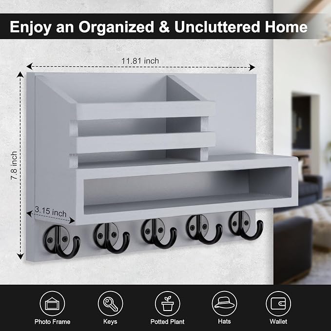 Key and Mail Holder Wall Mount, Key Hanger with Long Storage Box and Key Hooks for Coat, Dog Leash, Home Decor Rack, House Accessories, Entry Way Organizer