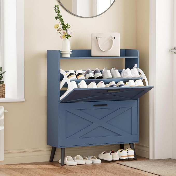 Homleke Farmhouse Shoe Storage Cabinet with Flip Drawers & Barn Door Design | Slim Narrow Shoe Rack Cabinet with Adjustable Shelves & Hidden Storage for Entryway, Foyer, Hallway, Living Room, Blue