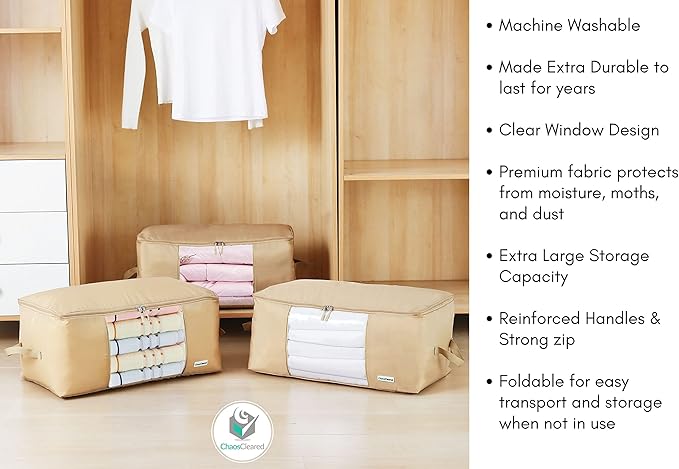 Comforter Storage Bag - Folding Organizer bag for King/Queen Comforters, Pillows, Blankets, Bedding/Quilt, Blanket, Duvet, Large Collapsible Organizers, 24"x14"x11" (Beige, 1-Pack)
