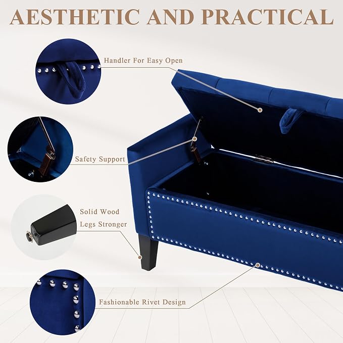 Velvet Storage Ottoman Bench, 46'' Upholstered Button Tufted End of Bed Bench, Modern Entryway Ottoman Bench with Arms, Blue