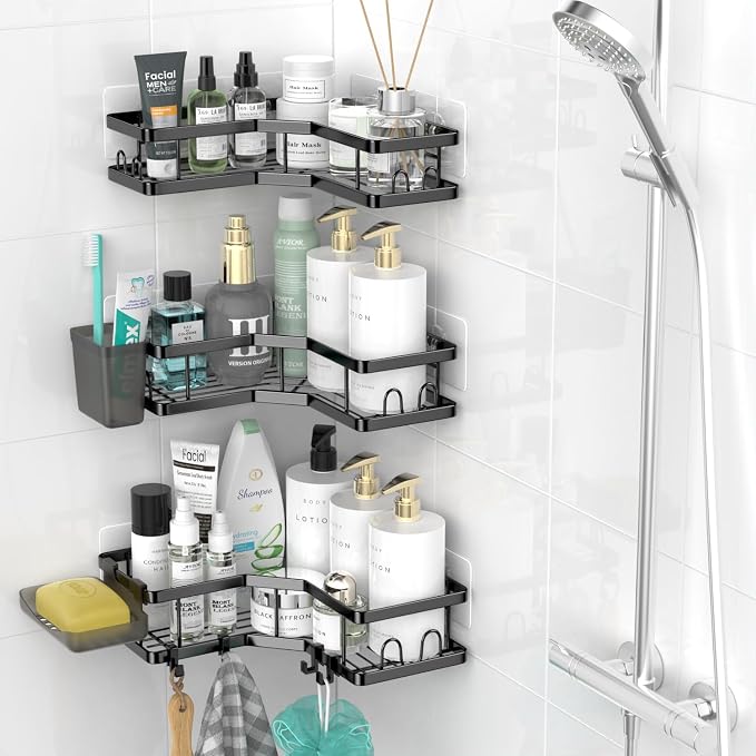 AKTECKE Corner Shower Caddy Bathroom Organizer: Stainless Steel Adhesive Shower Rack - 3Pack No Drilling Shower Shelf - Rustproof Bathtub Organizer