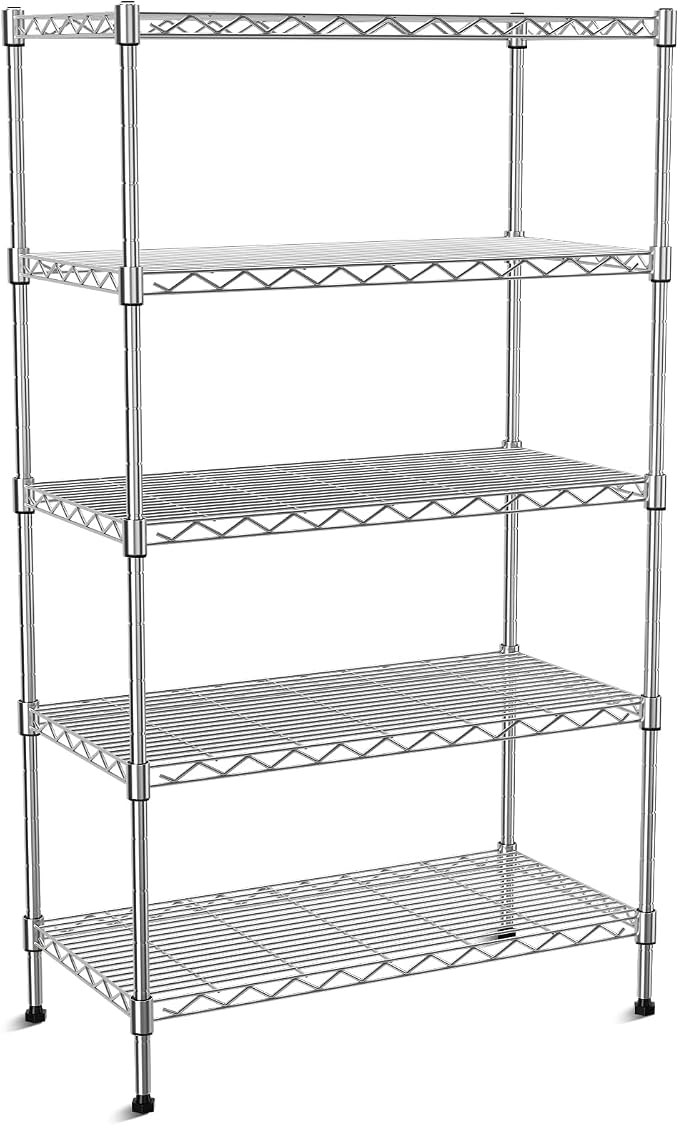 5-Tier Heavy Duty Metal Shelf,Chrome Wire Shelving Unit 35"Wx18Dx71H | Height Adjustable Storage Wire Shelves with Lockable Wheels for Garage,Kitchen,Office,Bathroom,Studio