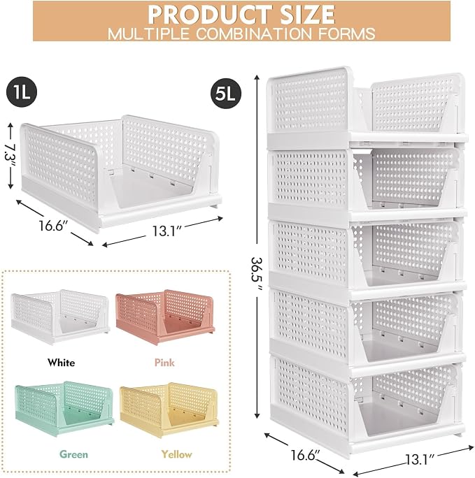 caktraie 5 Pack Stackable Closet Storage Basket - Stackable Storage Bins | Multifunctional & Foldable Closet Organizer Waterproof, Wardrobe Cupboard Space-Saving Storage Drawer Organizer