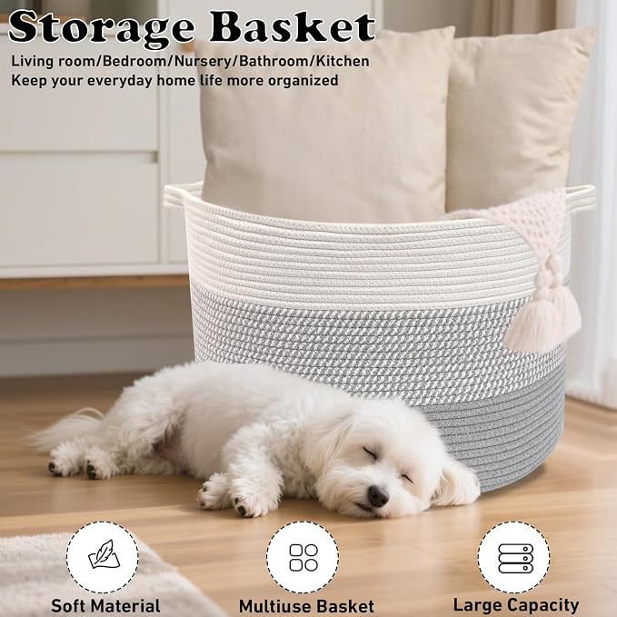 90L Extra Large Blanket Basket,Woven Rope Laundry Basket-Grey | Collapsible, reinforced handles, nursery storage bin organizes clothes, toys and pillows for living room, bedroom bathroom
