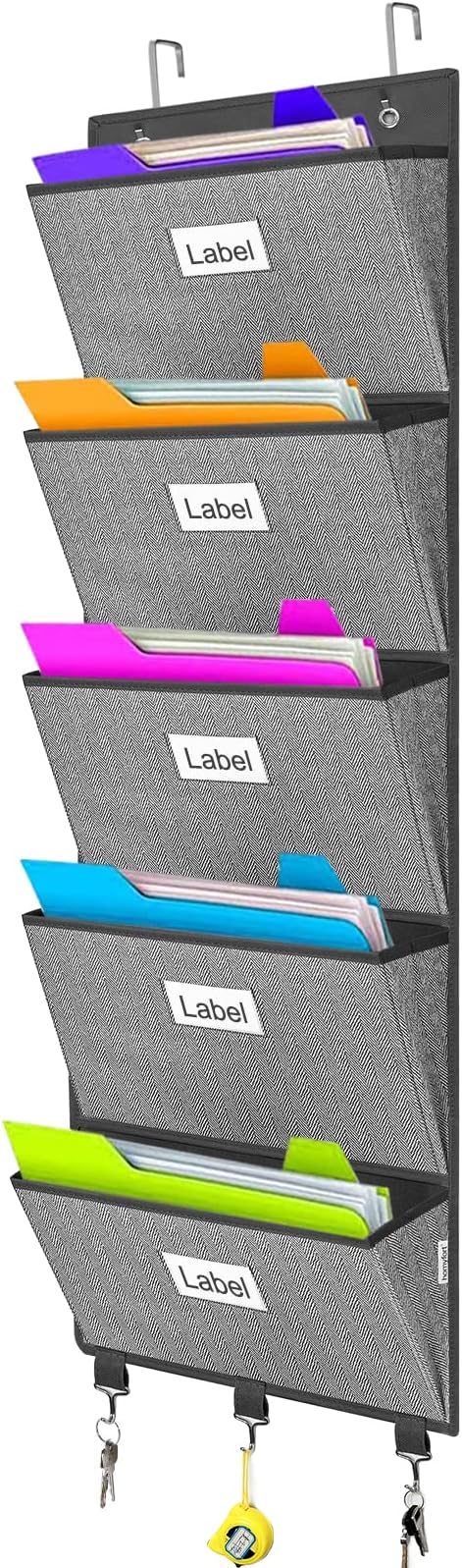 Over the Door File Organizer, Hanging File Folders, Wall Organizers and Storage for Mail, Magazine, Notebooks, Planners, Office, Classroom, 5 Extra Large Pockets, 50.39” Tall (Grey with Herringbone)