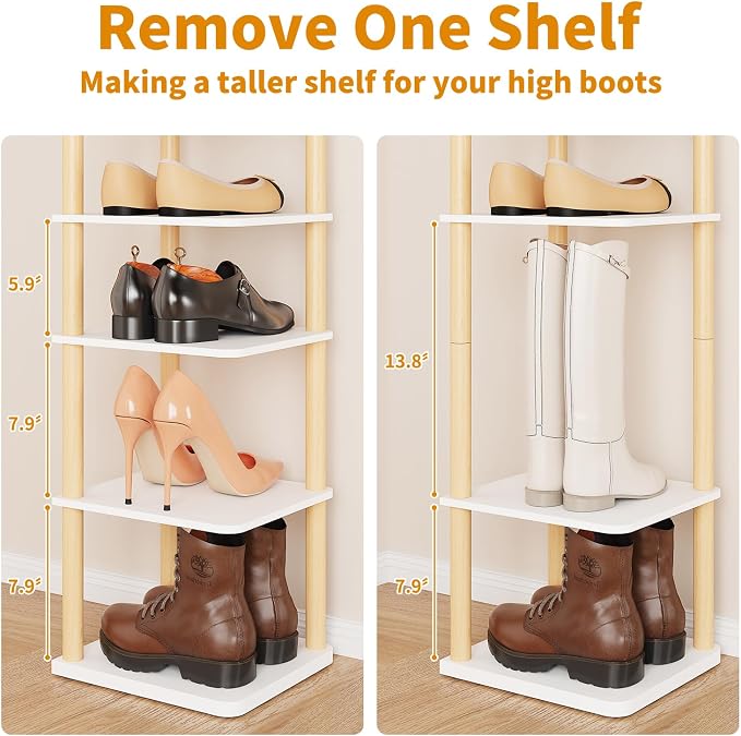 8 Tiers Vertical Shoe Rack, Tall Narrow Shoe Tower, Corner Shoe Rack, White | Small Shoe Organizer for Entryway, Closet, Dorm & Small Spaces, Freestanding Wooden Shoe Shelf for Boots, Sneakers, Heels.