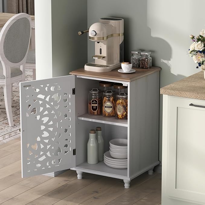 JOINICE Accent Cabinet with Hand-Carved Door for Living Room/Bedroom | Hand-Carved Floral Design, Boho/Farmhouse/Rustic Style, Space-Saving, Sofa Table/End table, Solid Wood Legs, Adjustable Shelf