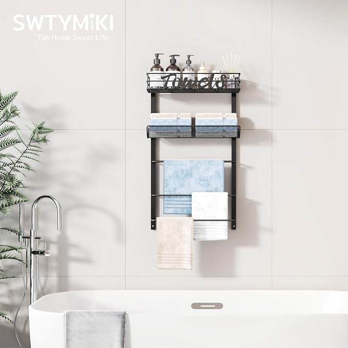 SWTYMIKI Over the Door Towel Racks for Bathroom - 5-Tier Wall Mounted Bathroom Towel Storage Organizer Holder with Metal Shelf, Black