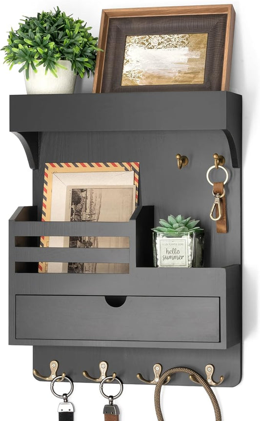 Rebee Vision Key Holder Wall Mount with 6 Key Hooks for Home Decor, Black | Pine Wood, Key and Mail Holder for Wall, Mail Slot for Letters & Bills, Spacious Drawer Organizer, Apartment Storage