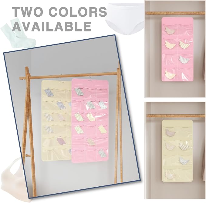 26-Pocket Hanging Closet Organizer for Socks and Underwear, Beige | Non-woven clear compartments keep bras & leggings visible; swivel hook fits wardrobe, closet rod, wall, door or shelves.