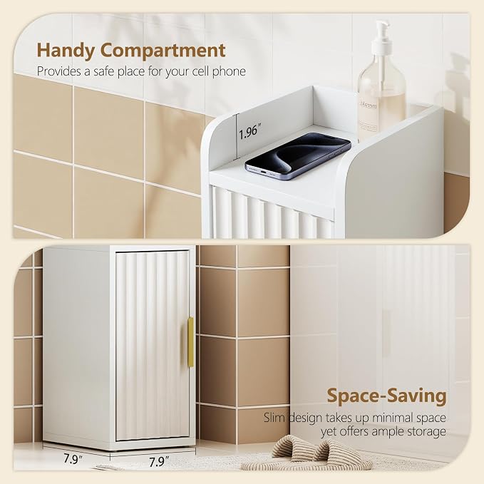 Yoobure Small Bathroom Storage Cabinet - Corner Floor Cabinet with 2 Doors & Adjustable Shelves, Narrow Slim Toilet Paper Cabinets, Skinny Bathroom Organizer for Small Space, 7.9" D x 7.9" W, White