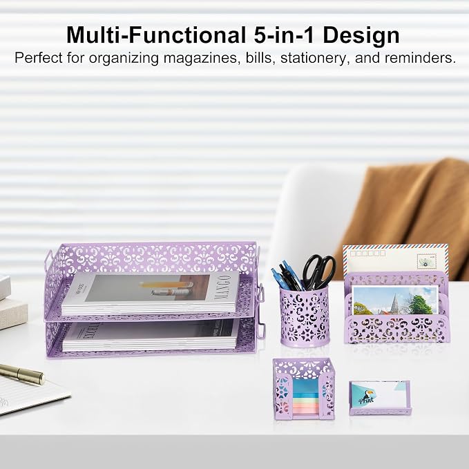 EasyPAG Desk Organizers and Accessories 5 Pieces Office Supplies Set - 2 Tier Paper Tray, Pencil Organizer for Desk, Mail Sorter Countertop, Business Card Holder and Sticky Note Holder, Purple
