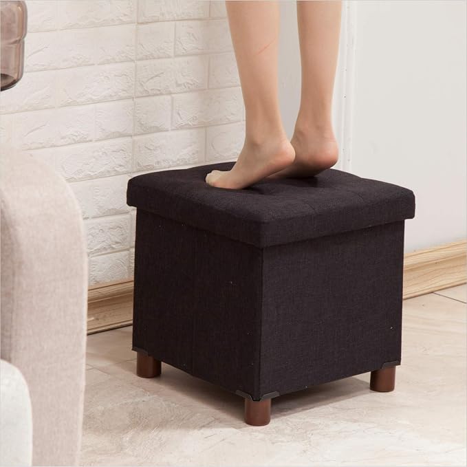 15 Inch Storage Ottoman with Wooden Legs - Cube Foot Rest Stool, Square Footstool, Comfortable Seat with Lid, Foldable Fabric Ottoman, Space-Saving Black