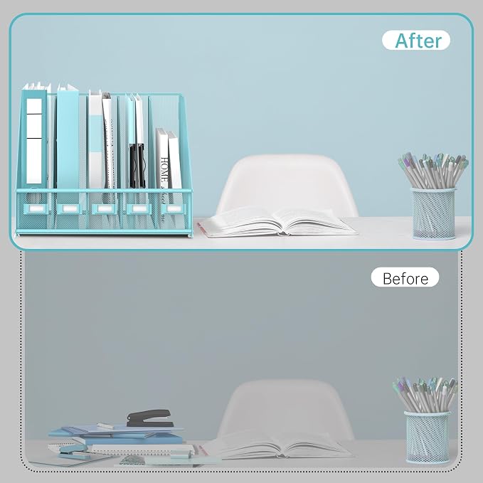 SUPEASY Desk Organizers Metal Desk Magazine File Holder with 5 Vertical Compartments Rack File Organizer for Office Desktop, Classroom, Home Workspace, Blue Plus