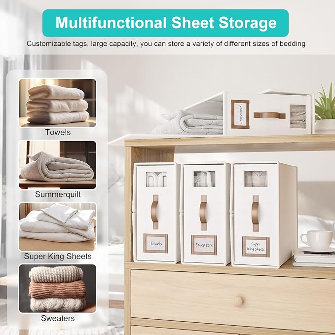 4 Pack Foldable Bed Sheets Set Organizers and Storage(Cal King Size),Linen Fabric Closet Organizers with Window,Folding Bedding Storage Box for Bedsheets and Pillow Cube Organizer-White