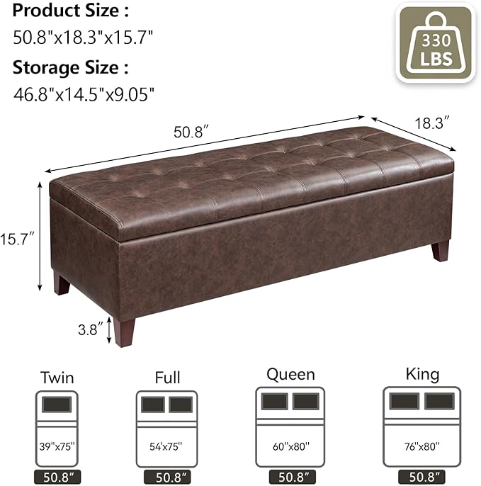Joveco 51 Inch Storage Bench,Leather Tufted Storage Ottoman with Legs | Safety Hinges,Wooden Legs,End of Bed,Bedroom,Living Room,Entryway
