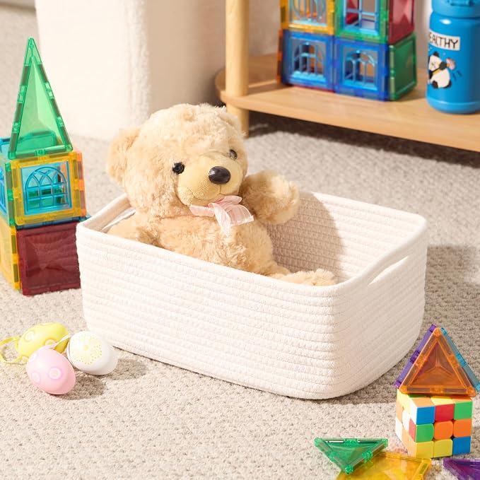 MiniArk Small Storage Baskets for Organizing | Closet Organizer Bins | Shelf Toy Basket | Woven Rope Baskets | Cube Decorative Box | Shallow Basket | 13x8.5x5.1” | 4 Packs Off White