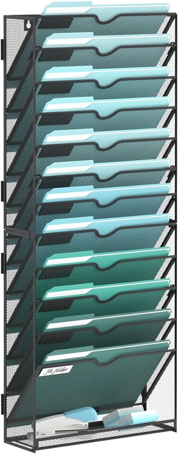 13-Tier Wall File Organizer, Hanging File Holder, Wall Mounted Mail Sorter | Metal Mesh Hanging File Organizer with Open Compartments and Label Panels for Papers and Folders at Home, Office or School