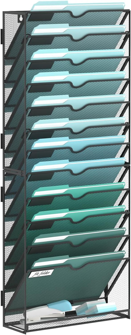 13-Tier Wall File Organizer, Hanging File Holder, Wall Mounted Mail Sorter | Metal Mesh Hanging File Organizer with Open Compartments and Label Panels for Papers and Folders at Home, Office or School