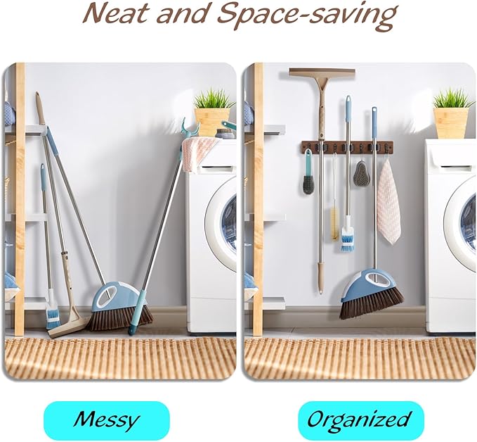 OUTNILI Mop Broom Holder Wall Mount with 3 Slots & 4 Hooks - Wood Broom Mop Hanger for Pantry Kitchen Organization - Garden Tool Organizer for Closet Laundry Room - for Rustic Farmhouse Kitchen Decor