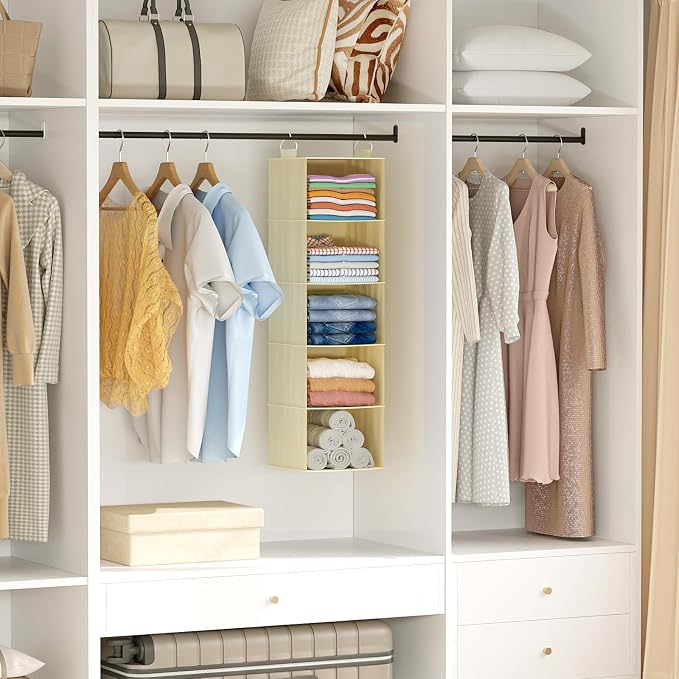 Lifewit 5 Tier Hanging Closet Storage Organizer for Shelves, Beige, 1 Pack | Foldable Clothes Shelf with 2 Sturdy Hooks, Sweater/Coat/Shoes Clothing Organization for Wardrobe, Dorm, Bedroom