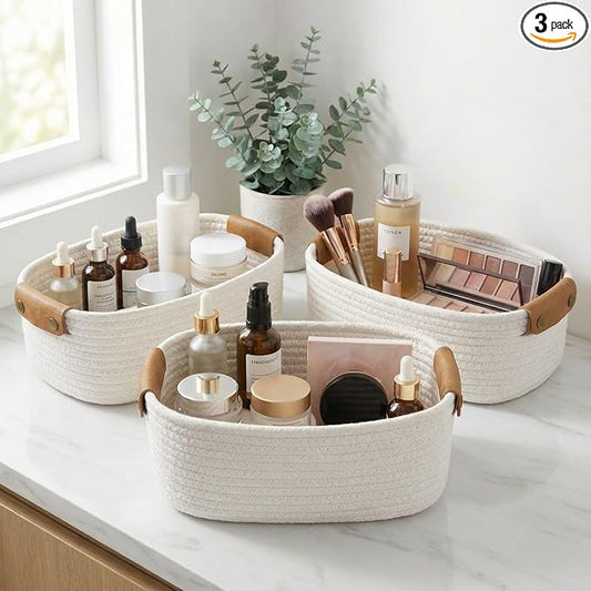 Beautiful Storage Basket Set of 3 - Sturdy Jute Rope Baskets for Shelves Are Perfect for Organizing Your Home - Quality Storage Bins Easily Fit With Any Nursery or Bedroom Decor