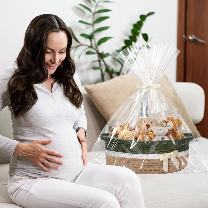 Colingmill 1 Set Woven Empty Basket for Gift,Green Khaki | with Cellophane Wrap Set, 14 x 10 x 5.5 Inch, Medium Decorative Gift Basket, Cotton Rope Storage Box, Home Decor