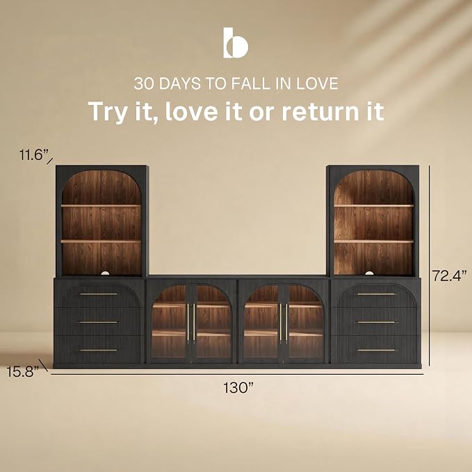 BELLEZE 6-Piece Modular TV Stand Set - 2 Sideboards with Drawers, 2 Arched Glass Door Sideboards, 2 Hutch Cabinets, Classic Modern Media Console with Adjustable Shelves for Living Room (Ebony)