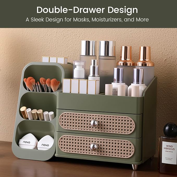 Aveniee Makeup Organizer with Drawers for Vanity, Big Cosmetic Perfume Makeup Brush Holder, Bathroom Coutertop Storage for Skincare Beauty Essentials-Green