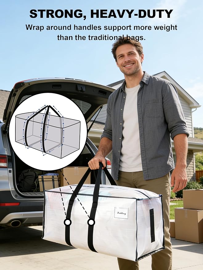 HOMESURE Supports 200lbs Heavy Duty Moving Bags - Strong Zipper & Wrap-Around Handles - Water-Resistant Storage Totes, Durable Alternative to Moving Boxes - 8 Pack - Semi-Transparent