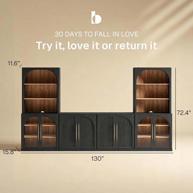BELLEZE 6-Piece Modular TV Stand Set - 2 Double-Arc Wood Door Sideboards, 2 Arched Glass Door Sideboards, 2 Hutch Cabinets, Classic Modern Media Console with Adjustable Shelves for Living Room, Ebony