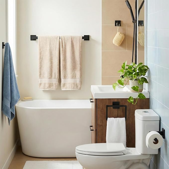 5-Pieces Matte Black Bathroom Accessories Set, 24 Inch Bath Towel Bar Set, SUS 304 Stainless Steel Bathroom Hardware Set, Towel Racks for Bathroom Wall Mounted