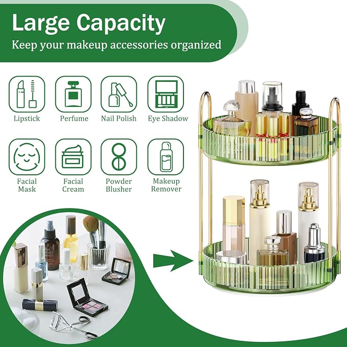 MOKANI 360 Rotating Makeup Organizer for Vanity, 2 Tier Perfume Organizer | Adjustable Multi-Function Spinning Cosmetics Skincare Storage for Bedroom, Dresser, Countertop, Green