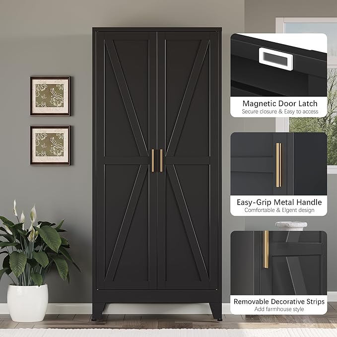 Bevivog 71" Kitchen Pantry Cabinet, Metal Storage Cabinet with 2 Doors and 4 Adjustable Shelves, Farmhouse Black Metal Pantry Cabinets Storage for Kitchen, Home Office,Garage, Laundry Room
