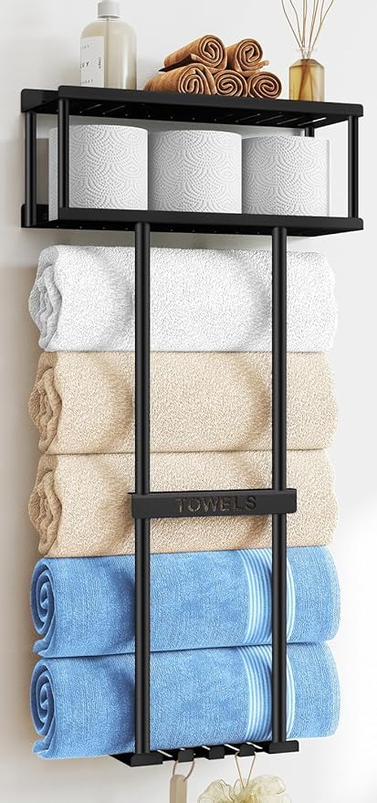 STWWO Bathroom Towel Storage Rack, 31” Towel Organizer with Storage Basket | Metal Bathroom Towel Holder with Shelf, Towel Rack with 3 Hooks for RV, Apt, Small Bathroom, Holds 5 Large Towels, Black