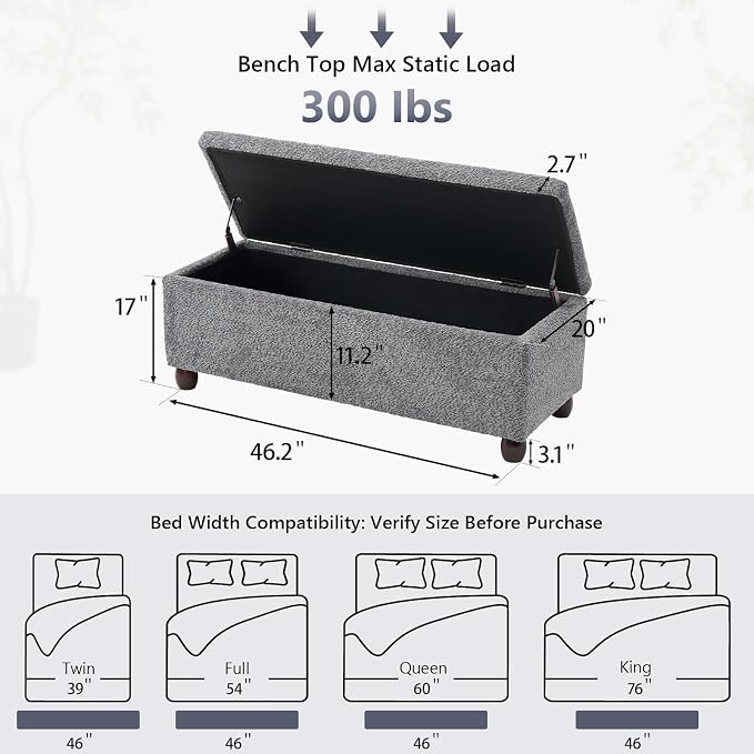 Boucle Storage Ottoman Bench, with Hidden Storage and Solid Wood Legs | Modern End of Bed Bench, Rectangle Footrest, Hidden Storage, Solid Wood Legs, Bedroom, Living Room and Entryway Use, Grey