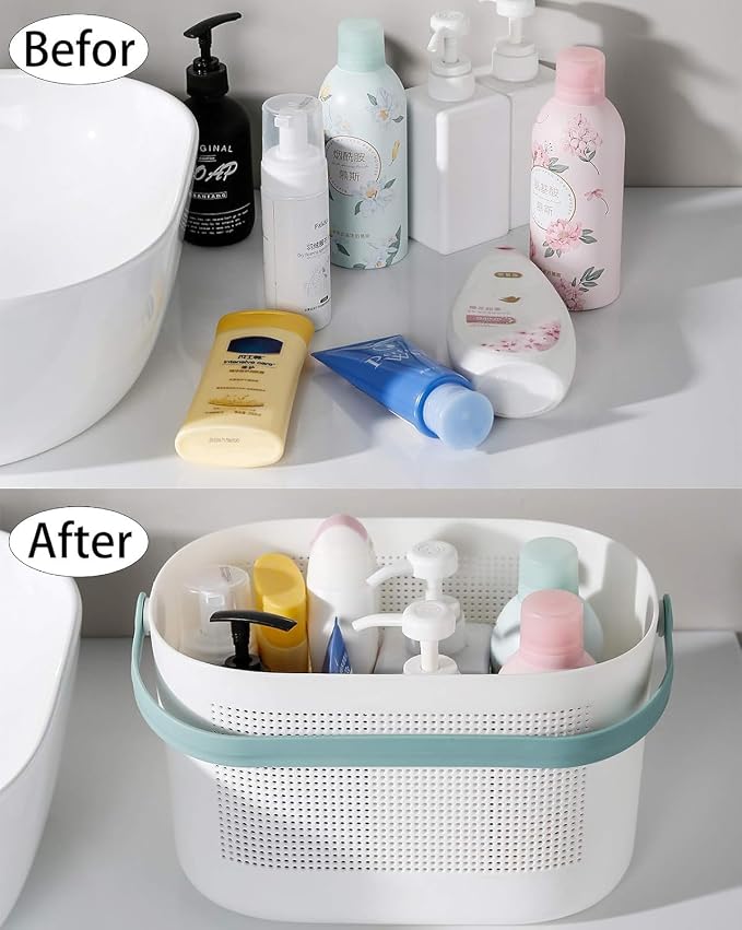Plastic Portable Shower Caddy Basket, Storage Organizer with Handle, Green | Bottom Drain Holes, Keep Dry, Sturdy and Durable, Easy to Carry for Bathroom, Kitchen, Dorm Room, RV, College